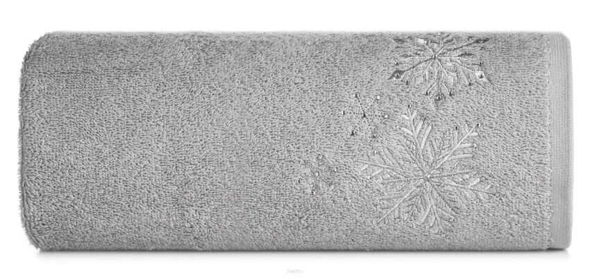 Ręcznik świąteczny 50x90 SANTA 13 srebrny w śnieżynki srebrne