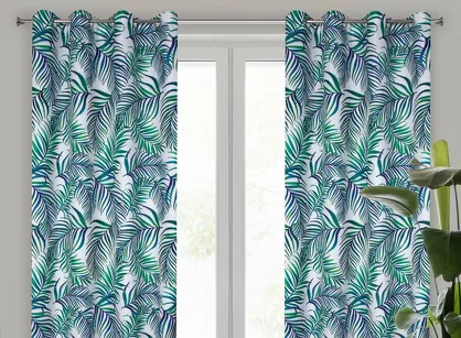 Zasłona na przelotkach 140x250 PALMS 2 biała z nadrukiem zielonych niebieskich liści palmy