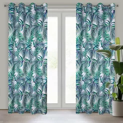 Zasłona gotowa na przelotkach 140x250 PALMS 2 biała z nadrukiem zielonych niebieskich liści palmy