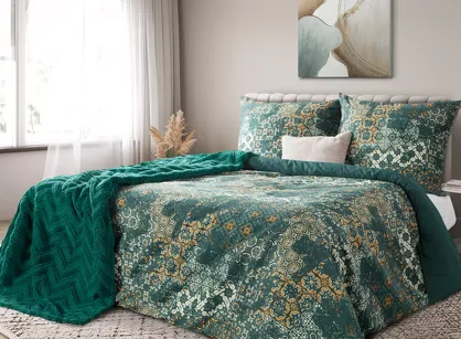 Pościel satynowa 140x200 SPRING 69 ciemna zieleń beż z nadrukiem mozaiki z kolekcji  Satin