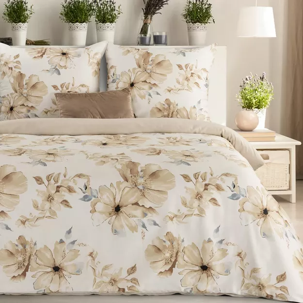 Pościel satynowa 140x200 SPRING 90 kremowa z wzorem beżowych kwiatów z kolekcji Classic