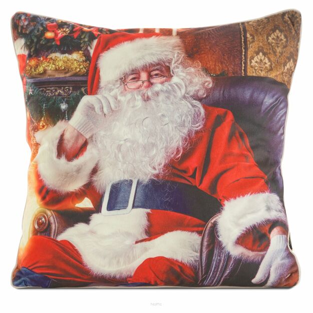 Poszewka świąteczna 45x45 131 welwetowa czerwona z wyrazistym Mikołajem obszyta lamówką