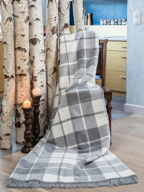 Koc bawełniany 150x200 1012-2 popielaty w kratkę z frędzlami