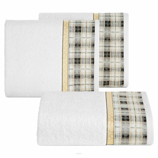 Ręcznik świąteczny 70x140 ANGEL biały z żakardową bordiurą w kratkę z nicią metaliczną