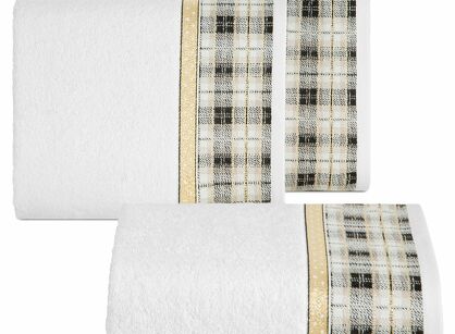 Ręcznik świąteczny 70x140 ANGEL biały z żakardową bordiurą w kratkę z nicią metaliczną