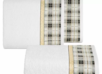 Ręcznik świąteczny 70x140 ANGEL biały z żakardową bordiurą w kratkę z nicią metaliczną