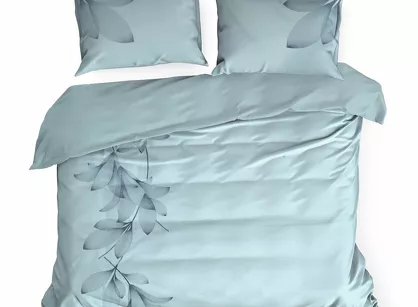 Pościel satynowa 160x200 HAFT 7 błękitna haftowana wzorem roślinnym z kolekcji Premium