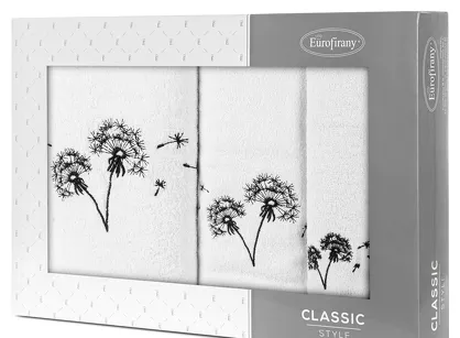 Komplet ręczników 3 szt. MOLI białe z haftowanym czarnym wzorem dmuchawców w kartonowym pudełku