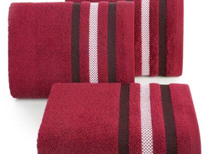 Ręcznik bawełniany 70x140 GRACJA czerwony z welurową bordiurą w 3 pasy z dodatkiem lśniącej nici