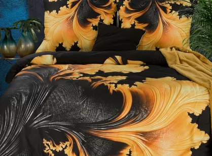 Pościel z makosatyny 160x200 PREMIUM 14 musztardowa z nadrukiem panelowym efekt 3D