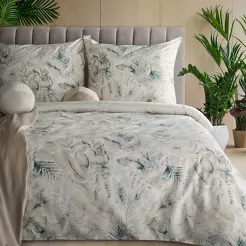 Pościel satynowa 160x200 SPRING 82 beżowa z wzorem ciemnoturkusowych liści z kolekcji Classic