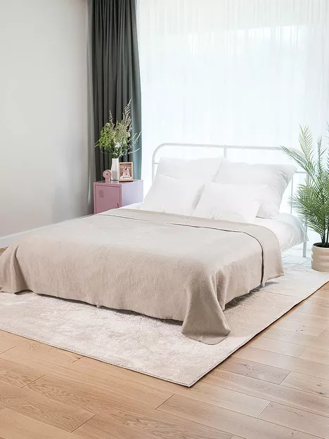 Koc bawełniany 180x220 0293-10 simple taume szaro beżowy gładki wykończony szydełkiem