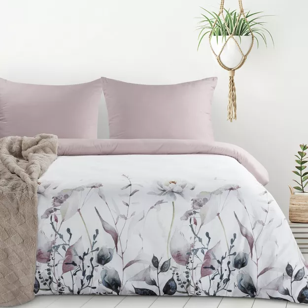 Pościel z mikrowłókna 160x200 VERANO 9 biała wrzosowa wzór kwiatowy Design 91