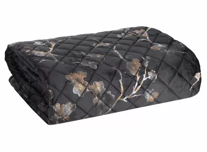 Narzuta welwetowa 200x220 BLINK 5 czarna pikowana z delikatnym wzorem botanicznym