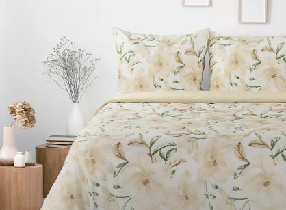 Pościel bawełniana 160x200 SONIA 32 biała z beżowym wzorem kwiatowym