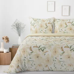 Pościel bawełniana 160x200 SONIA 32 biała z beżowym wzorem kwiatowym