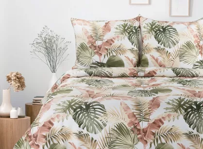 Pościel satynowa 220x200 SPRING 29 biała zielona z wzorem egzotycznych liści z kolekcji Classic