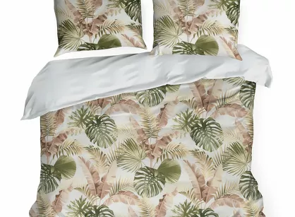 Pościel satynowa 220x200 SPRING 29 biała zielona z wzorem egzotycznych liści z kolekcji Classic