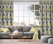 Zasłona na taśmie 140x270 ELINA biała z mikrofibry z nadrukiem musztardowych liści Design 91 - 14