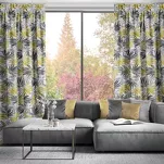 Zasłona na taśmie 140x270 ELINA biała z mikrofibry z nadrukiem musztardowych liści Design 91 - 15