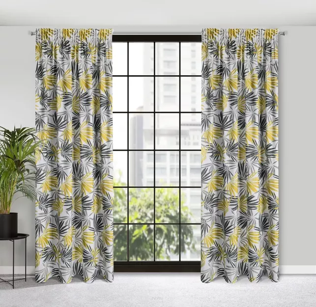 Zasłona na taśmie 140x270 ELINA biała z mikrofibry z nadrukiem musztardowych liści Design 91