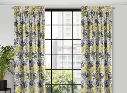 Zasłona na taśmie 140x270 ELINA biała z mikrofibry z nadrukiem musztardowych liści Design 91