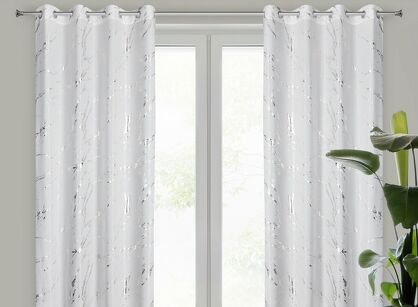 Zasłona na przelotkach 140x250 LANI biała z mikrofibry z błyszczącym srebrnym nadrukiem marmurku