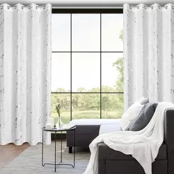 Zasłona gotowa na przelotkach 140x250 LANI biała z mikrofibry z błyszczącym srebrnym nadrukiem marmurku