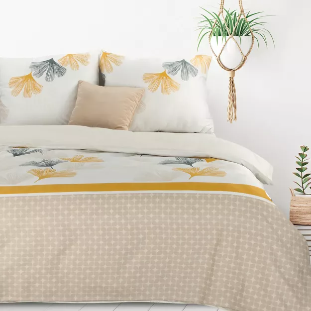 Pościel bawełniana 160x200 LEA 7 beżowa biała z wzorem miłorzębu dwustronna Design 91