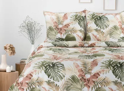 Pościel satynowa 140x200 SPRING 29 biała zielona z wzorem egzotycznych liści z kolekcji Classic