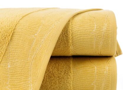 Ręcznik bawełniany 50x90 METALIC musztardowy z bordiurą z wzorem liści bananowca i srebrną nicią