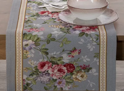 Bieżnik gobelinowy 45x140 4088 popielaty różowy wzór kwiatu wiśni