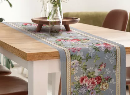 Bieżnik gobelinowy 45x140 4088 popielaty różowy wzór kwiatu wiśni