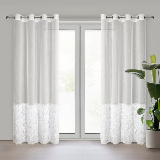 Firana na przelotkach 140x250 MARGARET 6 kremowa z etaminy z moherową nicią na dole firany