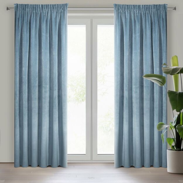 Zasłona na taśmie 140x270 VILLA welwetowa niebieska o aksamitnej strukturze