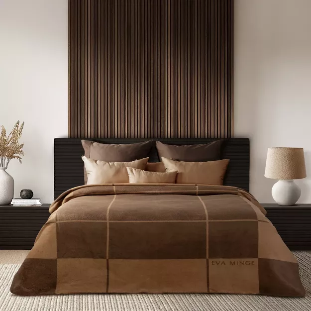 Koc bawełniano akrylowy 220x240 ELEGANT 2 Eva Minge kremowy brązowy wzór geometryczny dwustronny