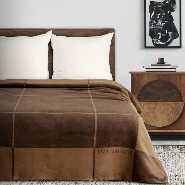 Koc bawełniano akrylowy 220x240 ELEGANT 2 Eva Minge kremowy brązowy wzór geometryczny dwustronny