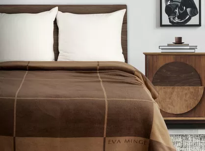 Koc bawełniano akrylowy 220x240 ELEGANT 2 Eva Minge kremowy brązowy wzór geometryczny dwustronny