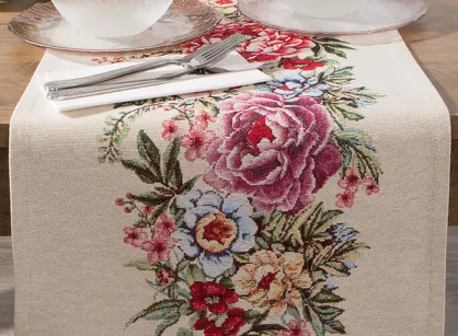 Bieżnik gobelinowy 40x100 GRIA naturalny różowy z nadrukiem kwiatów piwonii