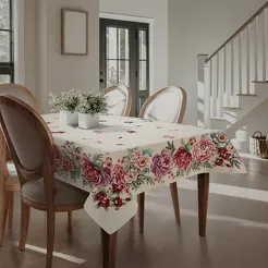 Bieżnik gobelinowy 40x100 GRIA naturalny różowy z nadrukiem kwiatów piwonii