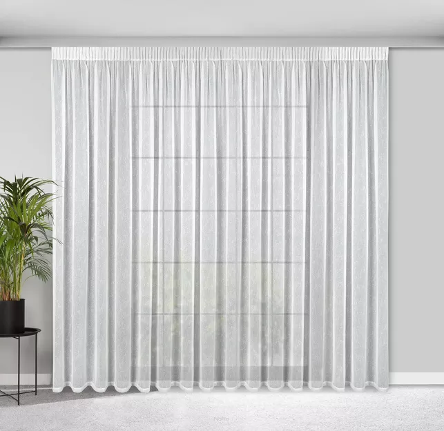 Firana na taśmie 300x250 KELLY biała o strukturze delikatnego deszczyku z błyszczącą srebrną nicią