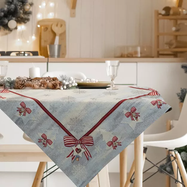 Nakładka świąteczna 100x100 4067 gobelinowa popielata z czerwonymi kokardkami i połyskującą srebrną nicią