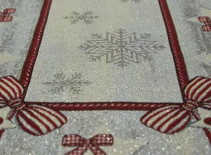 Nakładka świąteczna 100x100 4067 gobelinowa popielata z czerwonymi kokardkami i połyskującą srebrną nicią