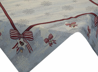Nakładka świąteczna 100x100 4067 gobelinowa popielata z czerwonymi kokardkami i połyskującą srebrną nicią