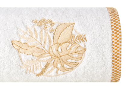 Ręcznik bawełniany 70x140 PALMS biały z wyhaftowanym złotym wzorem egzotycznych liści