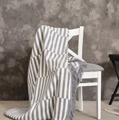 Koc bawełniany 150x200 2147-2 stalowy plażowe paseczki z frędzlami