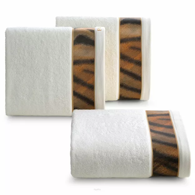 Ręcznik 30x50 EVA 23 Eva Minge kremowy z drukowaną bordiurą z wzorem zwierzęcym