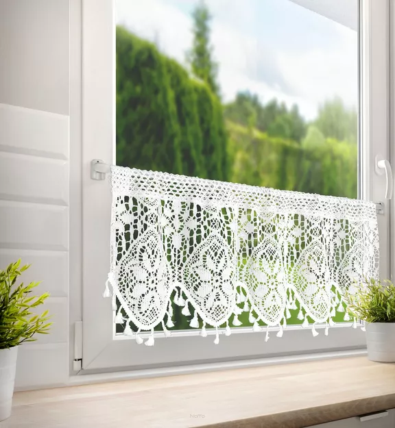Zazdrostka w tunelu 150x30 MOLY biała z bawełny ażurowy wzór z frędzelkami