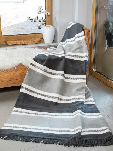 Koc bawełniany 150x200 1228-2 popielaty grafitowy w pasy z frędzlami