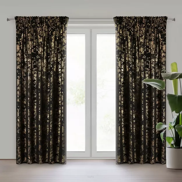 Zasłona na taśmie 140x270 FELIS welwetowa czarna z nadrukiem drobnych listków